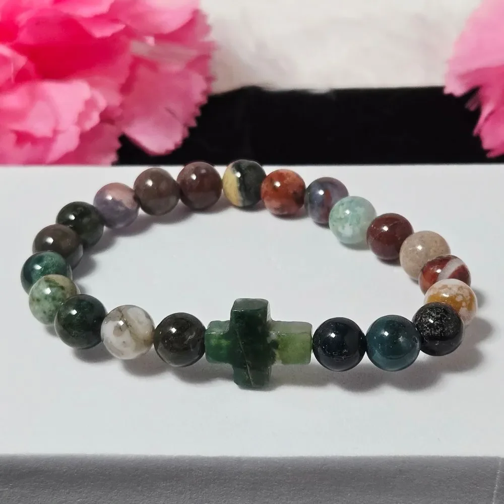 Natural Indian Agate Green Aventurine Cross Stretch Bracelet Christian Gift